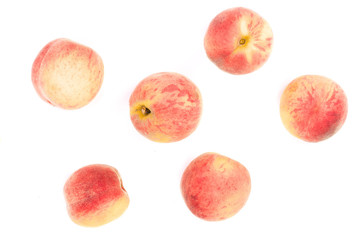 ripe peaches isolated on white background. Top view. Flat lay pattern