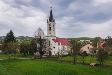 Fototapeta na wymiar Evangelical church in Jasenna, small village in historical Moravian region of Czech Republic