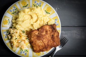 Fried cod fillet.