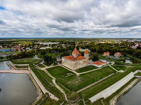 DDrone Aerial image of defence towers of Kuressaare Fortress with weather vane. Spring. Medieval fortification in Saaremaa island, Estonia, Europe