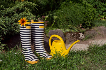 Black and white striped rubber boots with a flower and yellow garden watering can standing on the lawn