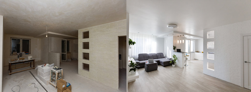 Renovation before and after - empty apartment room, new and old,