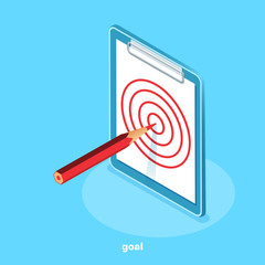 an isometric image, a plate with a white sheet on which a target is drawn and a pencil sticking out from the center of the target