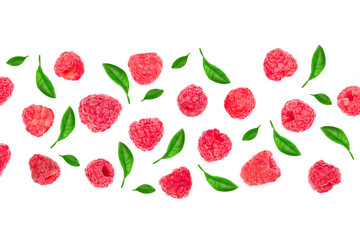 raspberries with leaves isolated on white background with copy space for your text. Top view. Flat lay pattern