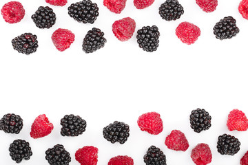 blackberry and raspberry isolated on white background. Top view with copy space for your text. Flat lay pattern