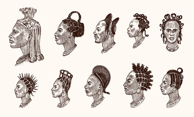 African national male hairstyles. Profile of a man with curly hair. Different Afro Dreadlocks. Ancient faces of people. Portrait Engraved hand drawn old sketch. Southern tribes.