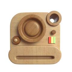 Vintage wooden Photo Camera. Overhead view of Traveler's accessories, Flat lay photography of Travel concept. White isolated background. 3d render