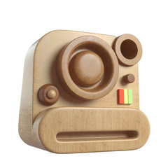 Vintage wooden Photo Camera. Overhead view of Traveler's accessories, Flat lay photography of Travel concept. White isolated background. 3d render