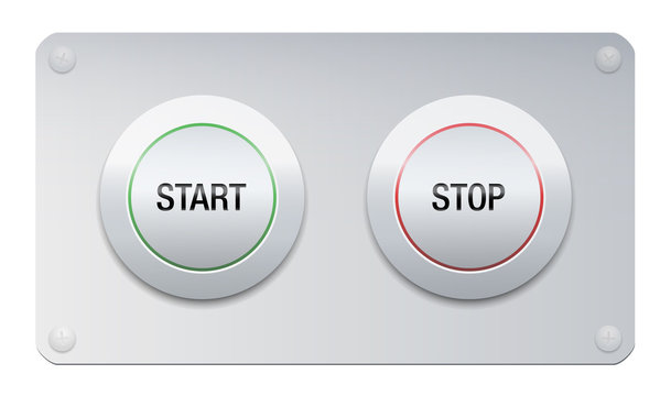 Start and stop button on a chrome surface panel for instruments, machines, gadgets.