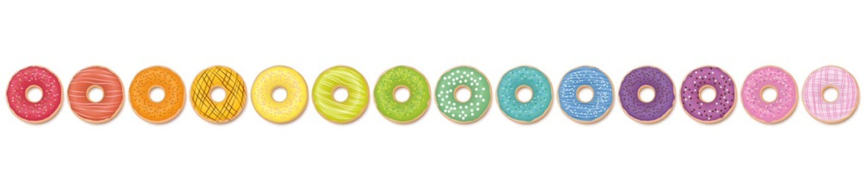 Donut pattern. Rainbow colored donuts in a line. Isolated vector illustration on white background.