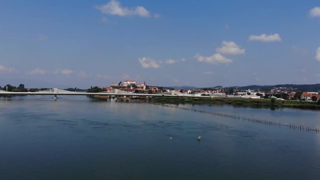 Drone flying above the drava in Slovenia.