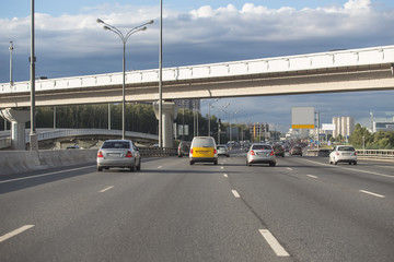 traffic on the highway in the center of the metropolis