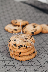 Delicious homemade chocolate crisp cookies on cloth