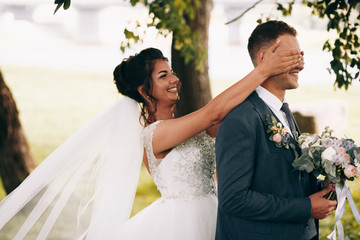 Sensual portrait of a young couple. Wedding photo outdoor
