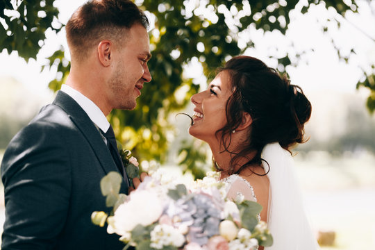 Sensual portrait of a young couple. Wedding photo outdoor