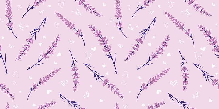 Pastel purple lavender repeat pattern design. Great for springtime modern fabric, wallpaper, backgrounds, invitations, packaging design projects. Surface pattern design.