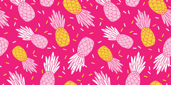 Pink yellow pineapples repeat pattern design. Great for summer vacation modern fabric, wallpaper, backgrounds, invitations, packaging design projects. Surface pattern design.