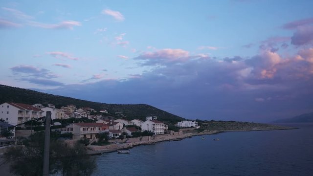 Early morning in Vinjerac Bay, Croatia, small fishing village on Dalmatian coast, tourism still in early development, Left to Right PAN
