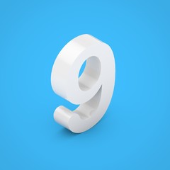 White glossy isometric number 9 isolated on blue background.