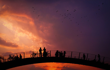 Fototapeta na wymiar Pôr do sol, entardecer no Parque do Ibirapuera em São Paulo, com pessoas observando, e aves no céu.
