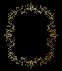 Golden Floral border or Frame for picture. Gold Italian vintage ornament for photo. Isolated Retro divider with swirl for greeting card or wedding. Royal, luxury flourish, headpiece template