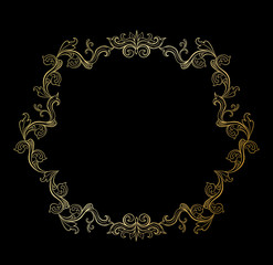 Golden Floral border or Frame for picture. Gold Italian vintage ornament for photo. Isolated Retro divider with swirl for greeting card or wedding. Royal, luxury flourish, headpiece template