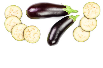 eggplant or aubergine isolated on white background with copy space for your text. Top view. Flat lay pattern