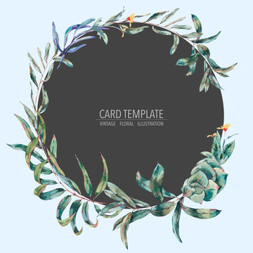 Vector template card of green tropical leaves