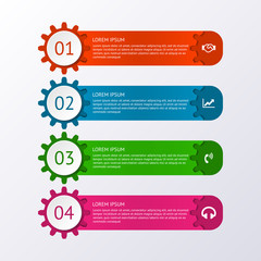 Obraz premium Infographic gears with numbers, icons and text. 4 color horizontal banners. Vector illustration