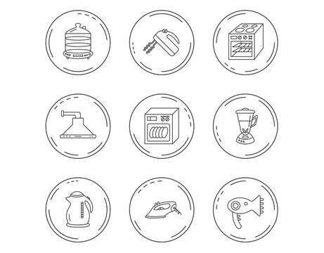 Dishwasher, kettle and mixer icons.