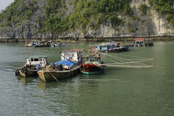 Obraz premium Halong bay, Vietnam - May 11, 2013: Typical wooden boats for tourists sailing through the Cat Ba area, in Ha Long Bay.