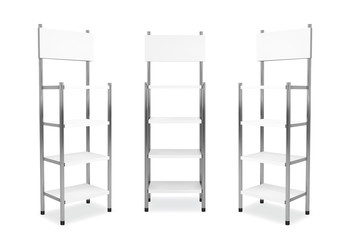 Promotion shelving mockup. Isolated vector retail product stand wiwh shelf.