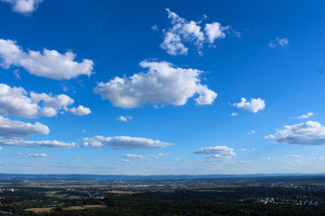 Amazing Landscape view on the beautiful forests, alpine mountains and idyllic fields of South Germany with a blue sky before sunset with clouds
