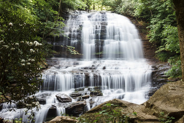 Beautiful high waterfall among the forest in summer. Waterfall and Botanical Preserve Pearson's Falls, Saluda, NC, USA