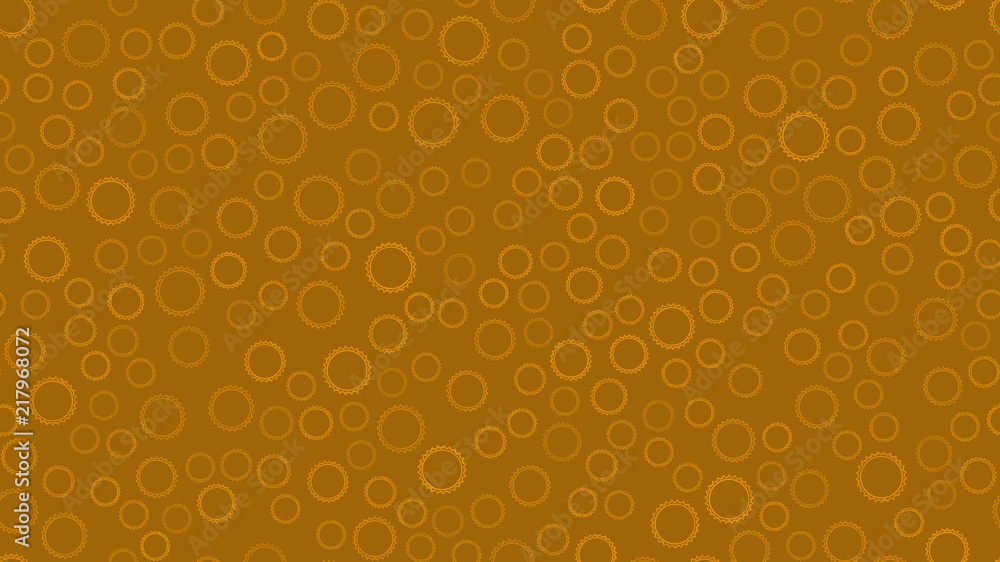 Poster Texture seamless pattern of yellow round abstract carved metal beer caps with sharp edges for clogging beer bottles used in brewing gears on a yellow background. Vector illustration