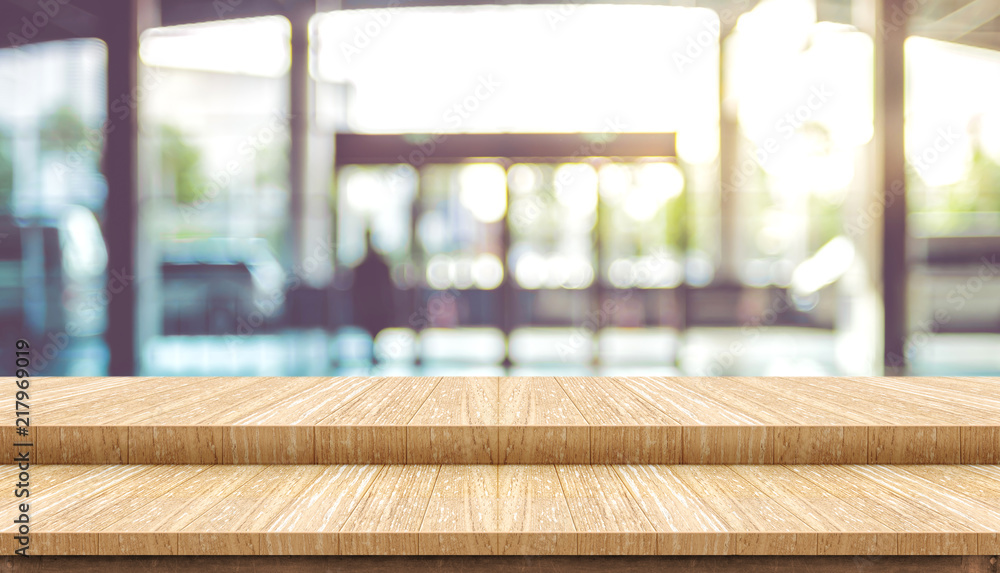 Poster empty step white wood table top with blur corridor hallway at office building with bokeh light at ba