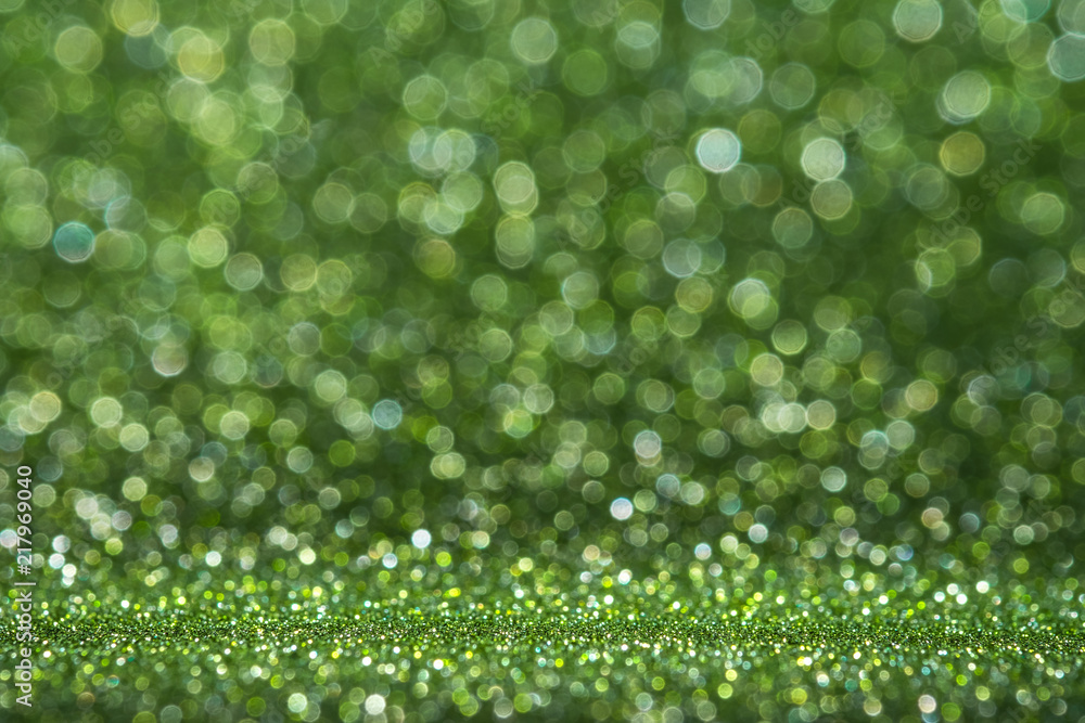Poster Abstract light green sparkling glitter wall and floor perspective background studio with blur bokeh.luxury holiday backdrop mock up for display of product.holiday festive greeting card.