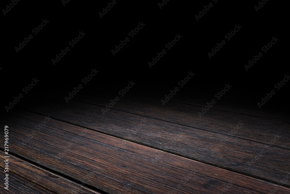 Poster dark plank old wood floor texture perspective background for display or montage of product,mock up t