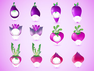 Cute collection of purple vegetable cartoon characters, Front side and backside of adorable acting of purple eggplant, carrot, cabbage, beetroot, radish and onion
