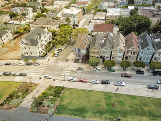 Aerial view famous Alamo Square in Western Addition neighborhood, San Francisco, California, USA....