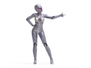 Robotic Cyber Woman is pointing 3D Rendering