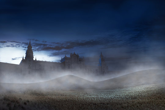 Old building with scary mist on the night