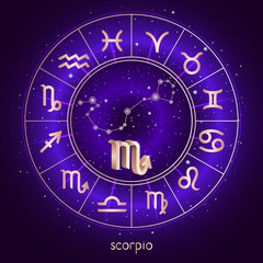 Fototapeta na wymiar Zodiac sign and constellation SCORPIO with Horoscope circle and sacred symbols on the starry night sky background with geometry pattern. Vector illustrations in purple color. Gold elements.