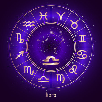 Zodiac sign and constellation LIBRA with Horoscope circle and sacred symbols on the starry night sky background with geometry pattern. Vector illustrations in purple color. Gold elements.