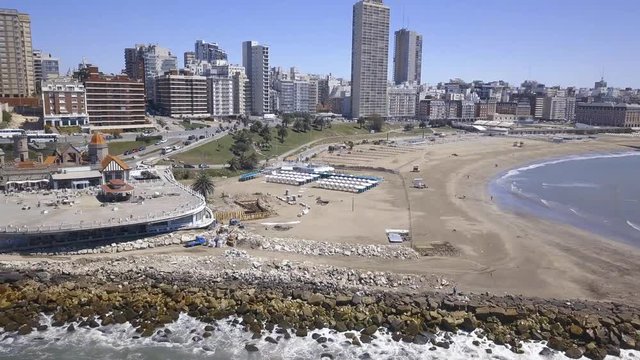 Torreon del Monje coast of Mar del Plata Argentina – 4k drone video of the Argentinian coast and downtown area of Mar del Plata Casino Central in spring time.  Buenos Aires Capital Federal district  