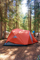 Morning Sunrise Over Camping Tent in Banff National Park