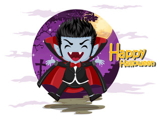 Happy Halloween. Cartoon Dracula Vampire in the night background . Vector illustration.