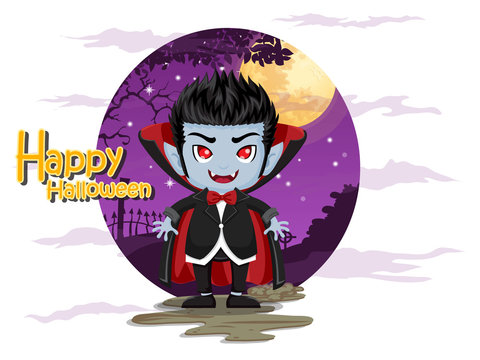 Happy Halloween. Cartoon Dracula Vampire in the night background . Vector illustration.