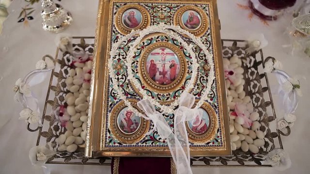 A view from above of a Greek Orthodox Bible in a church