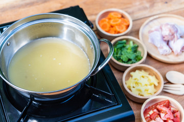 soup in the pot and ingredent for cooking